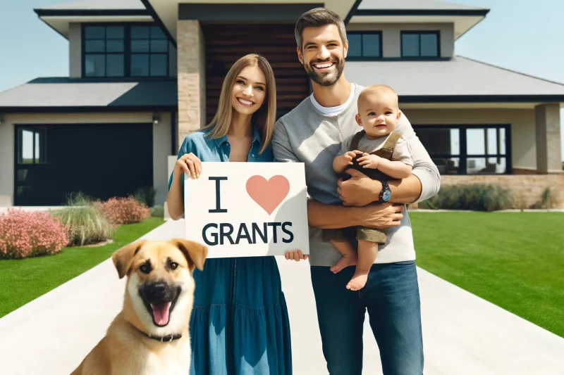 DALL.E 2024-06-08 16.33.20 - A joyful family standing together, holding a sign that says 'I Love Grants'. The family includes a husband, wife, their baby, and a medium-sized dog.