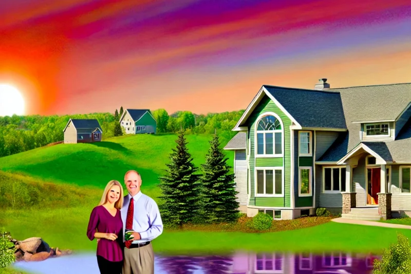 DALL.E 2024-11-10 00.19.18 - A scenic illustration of a happy Minnesota homebuyer couple standing in front of their beautiful new home with the help of a homebuyer grant. The home